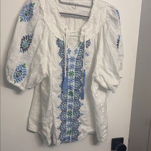 TYLER BOE Womens Large shirt blouse top Pullover EMBROIDERED Floral White